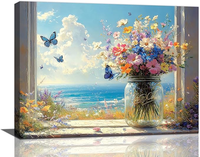 Beach Floral Bathroom Pictures Wall Art, Colorful Flower Bathroom Wall Decor, Coastal Ocean Framed Painting Canvas Artwork for Bedroom Living Room Decorations 16"L x 12"W