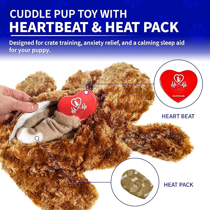 Pet Fit For Life Cuddle Pup Toy with Heartbeat & Heat Pack - USB Rechargeable Cuddly Dog Sleep Aid - Calming Comfort for Anxiety Relief - Safe, Huggable Pet Crate Training Aid - Small (12" Long)
