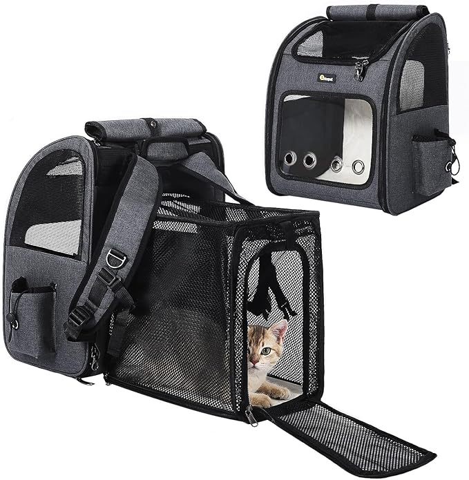 Hoopet Expandable Cat Backpack Carrier – Breathable Pet Carrier for Small Cats & Dogs, Foldable Travel Backpack with Mesh Ventilation for Hiking, Walking, Camping, Dark Grey
