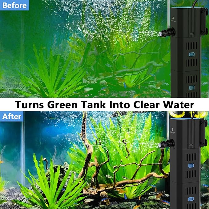 Aquarium Filter for 40-170 Gallon Tank，265GPH Fish Tank Filter 16W Green Clean Machine Submersible Pump Filter for Green Water and Algae Clean,Submersible Internal Filter for Saltwater Freshwater