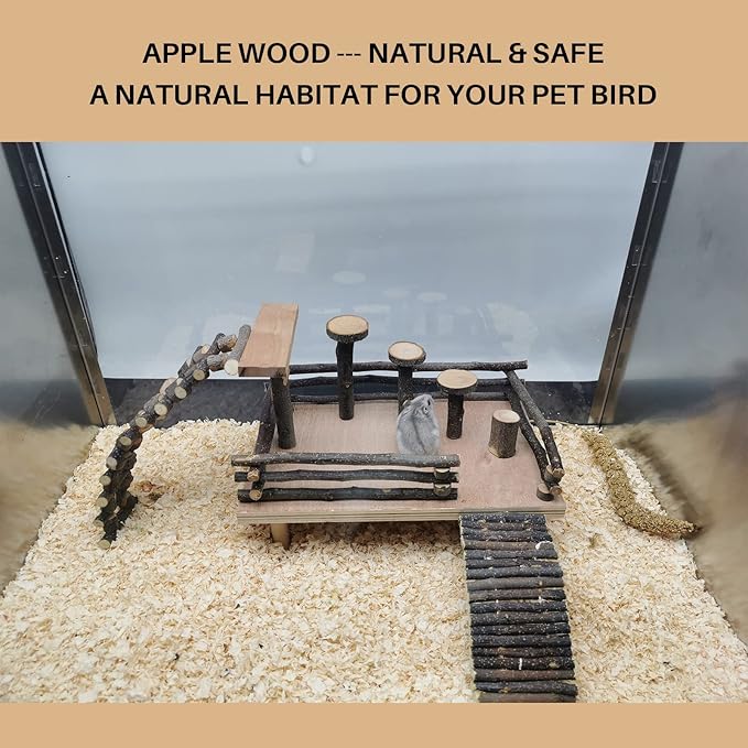 HOSUKKO Hamster Climbing Toys Wooden Hamster Playing Activity Set, Hamster Activity Playground Climb Platform Apple Wood Chewing Toys for Hamster Small Pets (D-Playground with Large Bridge)