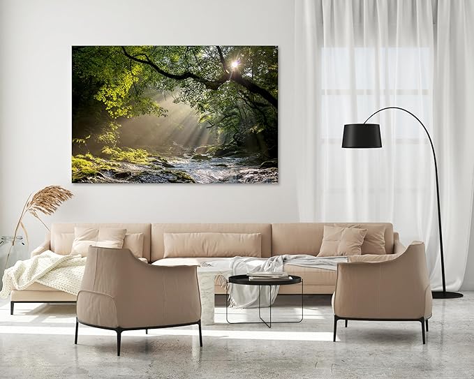 Nature Wall Art Prints - Ocean Forest Mountain Lake Canvas Landscapes - Small to Extra Large Living Room Bedroom Kitchen Bathroom Décor (Rocky River in the Woods, 28L" x 41W")