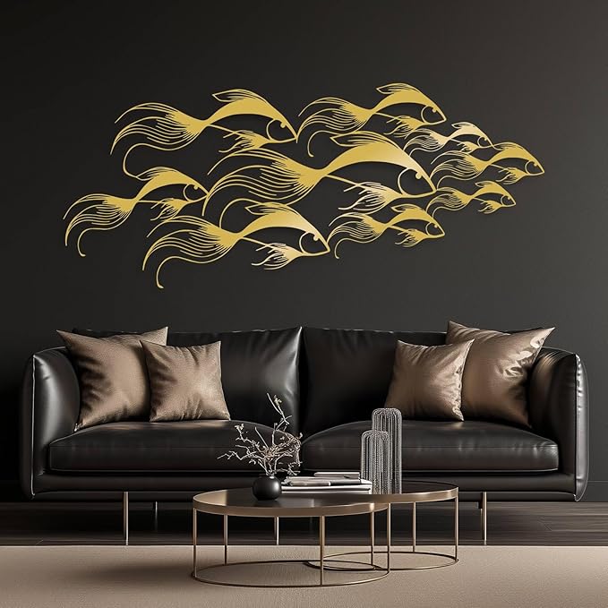 School of Fish Metal Wall Art, Metal Fish Wall Decor, Sea Life Wall Art, Large Nautical Wall Hanging, Modern Beach House Wall Decor, Ocean Themed Artwork for Bathroom (Black, 41"x18" | 105x45cm)