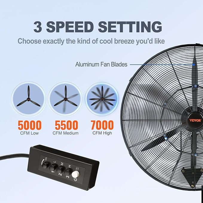 VEVOR 24 Inch 3-Speed 7000 CFM Black Waterproof Wall Mount Oscillating Fan