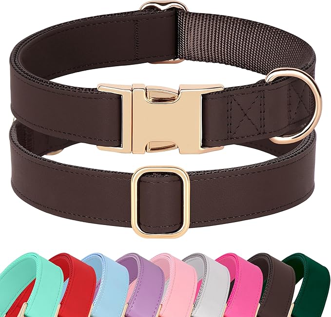 PET ARTIST PU Leather Dog Collar, Bright & Stylish Brown Dog Collar with Quick Release Gold Metal Buckle, Soft Nylon Padded Durable Pet Collars Adjustable for Large Dogs, Neck Fit 16-27"