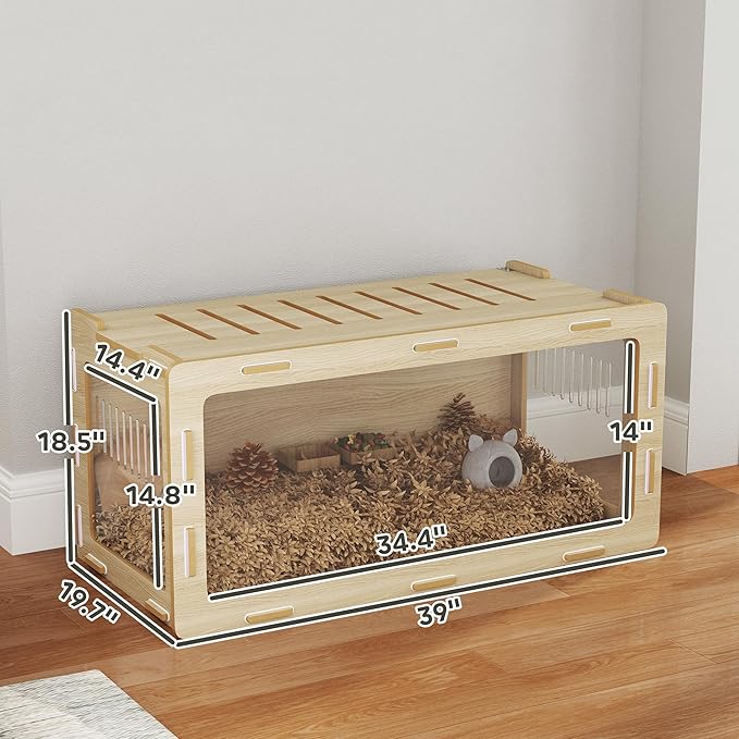 PawHut Hamster Cage with Easy View Acrylic Panels, Small Animal Cage with Air Vents & Openable Roof, Large Habitat for Dwarf, Gerbil, Guinea Pig, Rat, 39" x 20" x 18.5", Oak