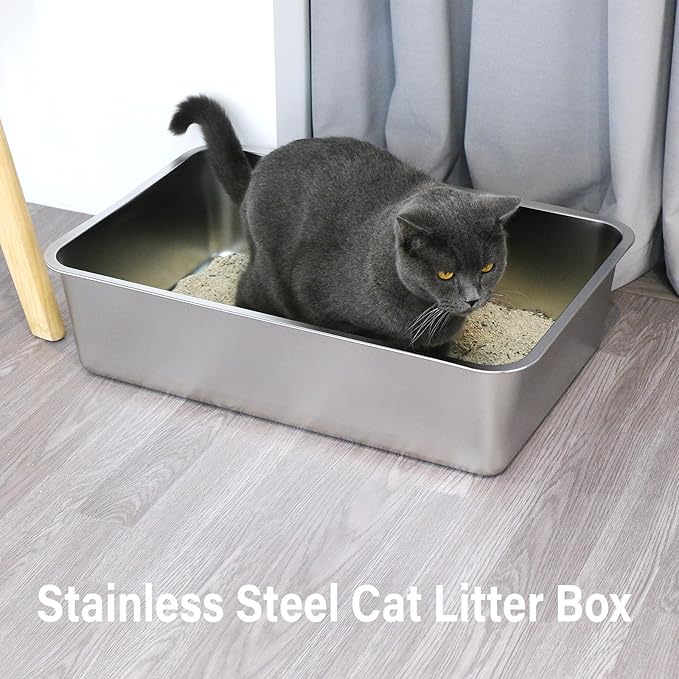 Stainless Steel Litter Box Easy Clean,-Large Metal Litter Box for Cats, High Sided Metal Litters Boxes, No Smell, Non Stick, Odor Proof, Indoor Outdoor