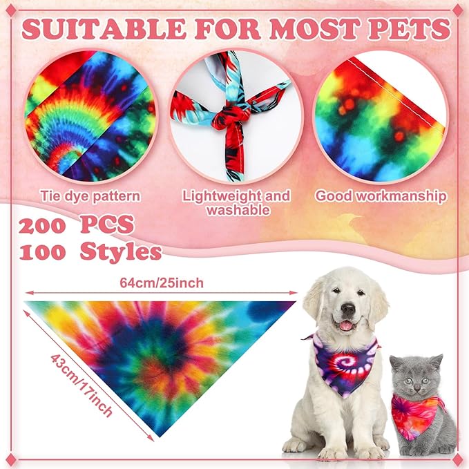 50 Pcs Tie Dye Dog Bandanas Bulk Pet Bibs Colorful Triangle Scarf Pet Bandanas for Medium Large Dogs Spring Summer Birthday Costume Decoration