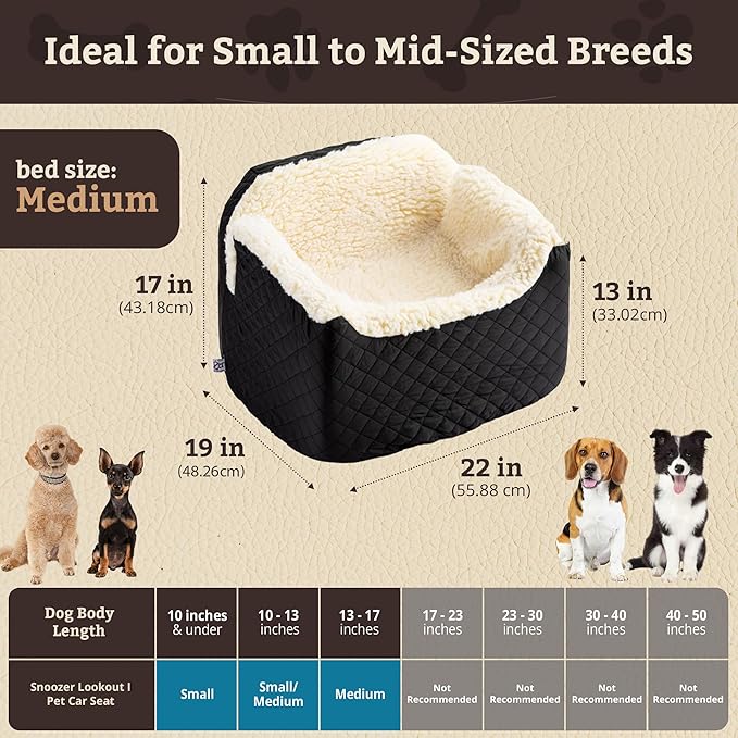 Snoozer Lookout I Car Seat - Dog Car Seats for Small Dogs, Puppy Booster Bed for Small & Medium Sized Pets Up to 25 Lbs, Elevated, Washable - Medium, Black Quilted