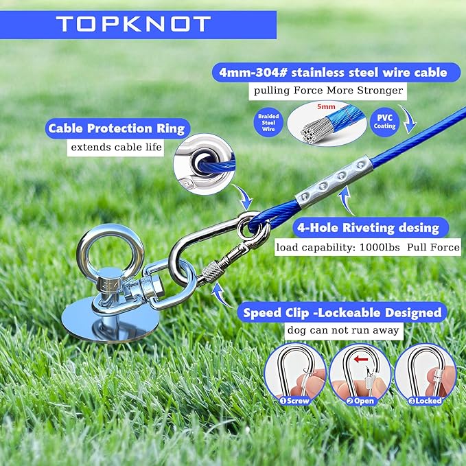 TOPKNOT Dog Tie Out Cable and Stake,(up to 200lbs) 30 ft Heavy Duty Cable,360°Swivel Run- No Tangle,Runner for Yard,Ideal for Outdoor Camping