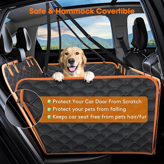 MIXJOY Back Seat Extender for Dogs, Hard Bottom Dog Car Seat Cover for Back Seat Protector, Waterproof Dogs Backseat Cover for Car, Foldable Dog Hammock for Car Travel Accessories, Black