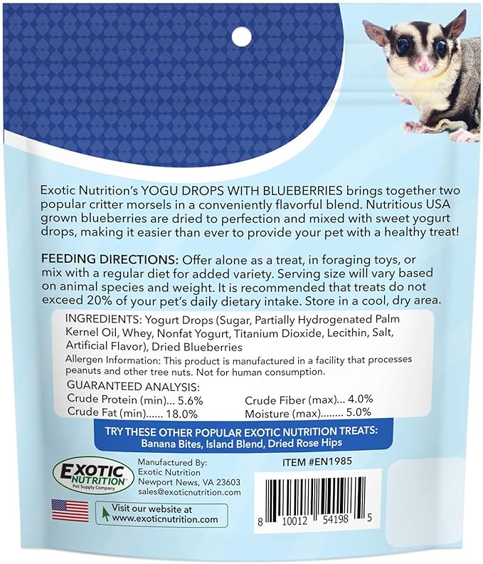 Yogu Drops With Blueberry - Healthy Natural Fruit & Yogurt Treat - For Sugar Gliders, Rats, Chinchillas, Ferrets, Parrots, Hamsters, Hedgehogs, Guinea Pigs, Rabbits & Small Pets (4.25 Ounce)