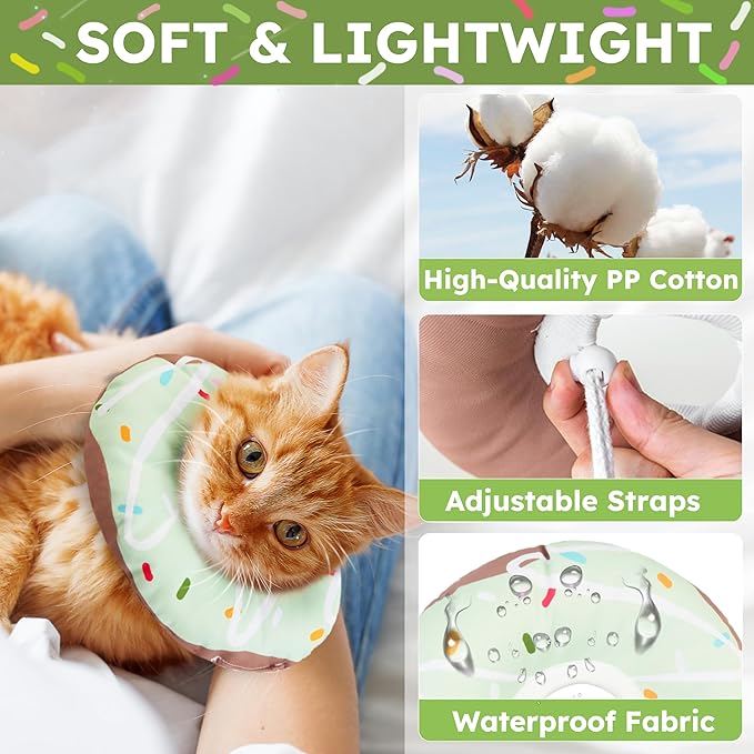 Cat Cone Collar Soft, Waterproof Cat Recovery Collars Spay Cones to Stop Licking Cute Donut E Collar After Surgery Anti-Lick Wound Healing Safety Elizabethan Collar for Kittens (Donut Green, Small)