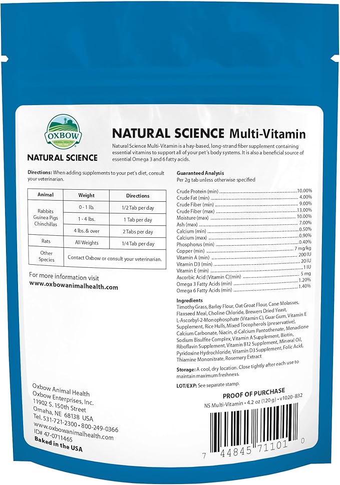 Oxbow Animal Health Natural Science Multi-Vitamin, High Fiber Supplement for Rabbit & Guinea Pig, Made with Timothy Hay, Multi-Pet Households, Omega 3 & 6 Fatty Acids, Made in USA, 4.2 oz Bag