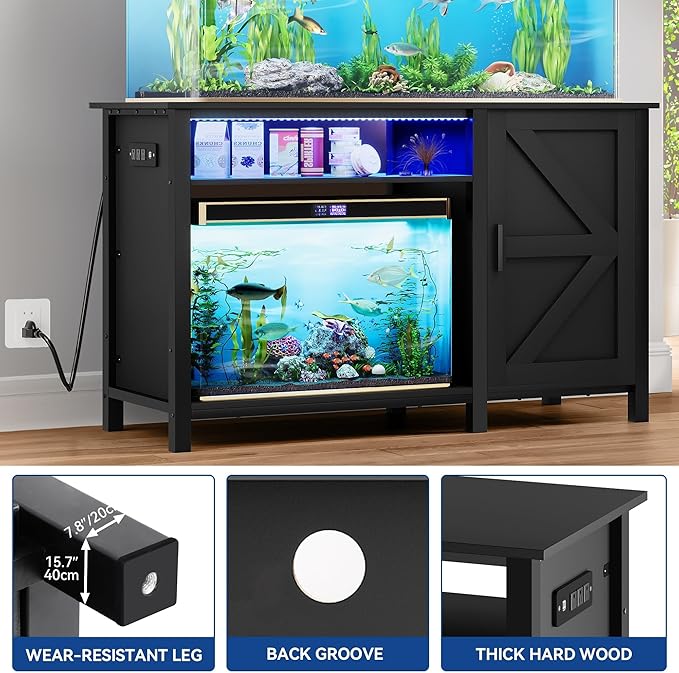 Aquarium Stand for 55-75 Gallon Fish Tanks with RGB Light Strip Black Modern Contemporary Wood