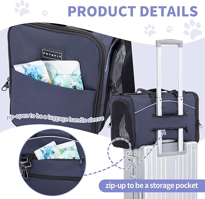 Petsfit Airline Approved Pet Carrier for Small Dogs & Cats, 19x9x12 TSA Approved Carrier, with Removable Dual-Sided Padding (2-Way Placement) - Fits Under Most Airplane Seats, Escape Proof (Navy)