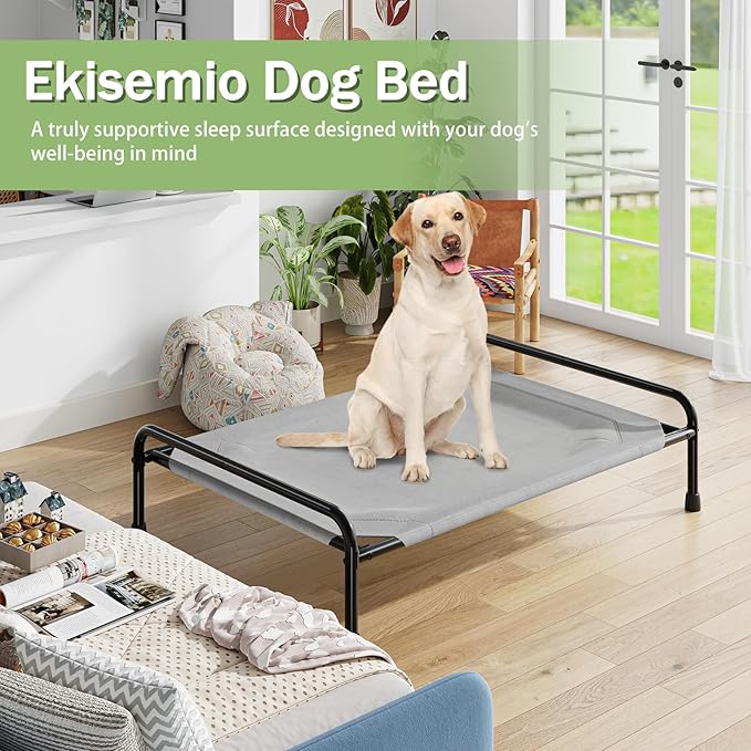 Raised Dog Bed, Outdoor Dog Bed for Dogs, Cooling Elevated Pet Cot, Durable and Sturdy Pet Bed, Waterproof Mesh Cover Raised Metal Frame, Non Slip, Grey