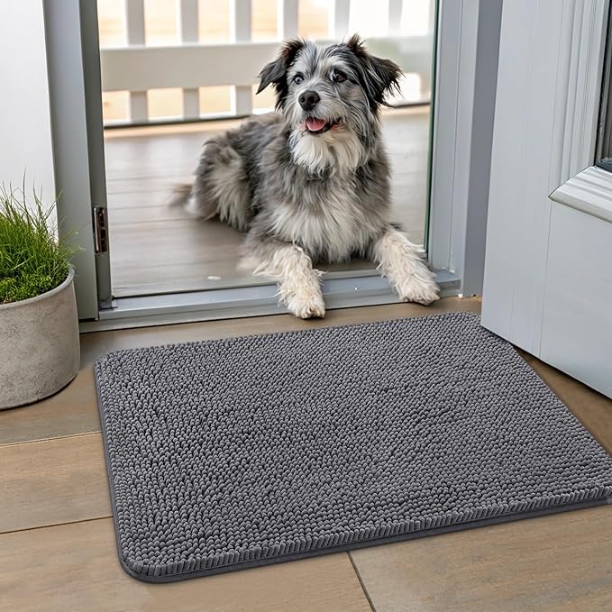 Smiry Dog Door Mat for Muddy Paws 24x16, Absorbs Moisture and Dirt Doormat, Non-Slip Washable Quick Dry Chenille Front Door Mat Indoor Entrance, Entryway Carpet for Inside Floor, Dark Grey