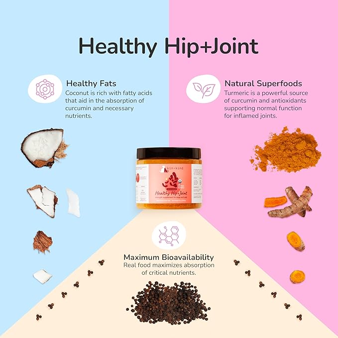 kin+kind Hip+Joint Supplement Dogs & Cats - Vet Formulated Natural Formula with Organic Turmeric, Black Pepper and Coconut- Made in USA - 4 oz (Medium)