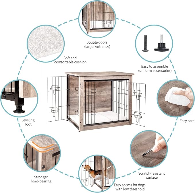 DWANTON Dog Crate Furniture with Cushion, Wooden Kennel Table with Double Doors, Indoor Dog House, Small/Medium/Large/Extra Large Size, 27.2" L, Greige
