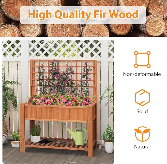 Giantex Raised Garden Bed with Trellis, Wooden Elevated Planter Box with Legs, Drainage Holes for Climbing Plants Vines Vegetables Flowers Herbs, Outdoor Horticulture Planter for Patio Yard (Brown)