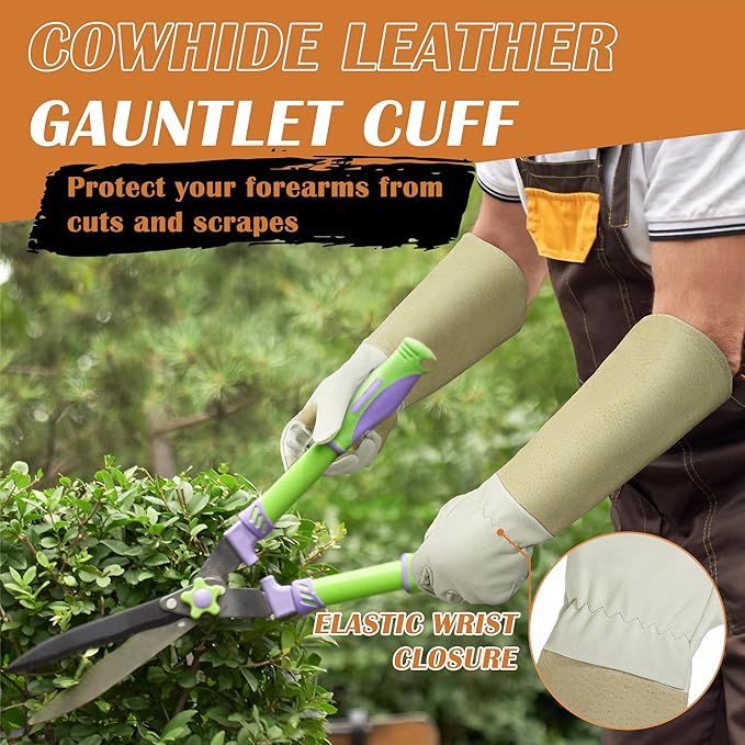 HANDLANDY Pruning Gloves Long for Men & Women, Pigskin Leather Rose Gardening Gloves- Breathable & Durability Gauntlet Gloves