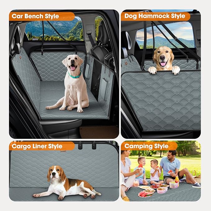 MIXJOY Back Seat Extender - Hard Bottom Dog Car Seat Cover, Waterproof & Foldable Dog Hammock for Car Travel, Grey