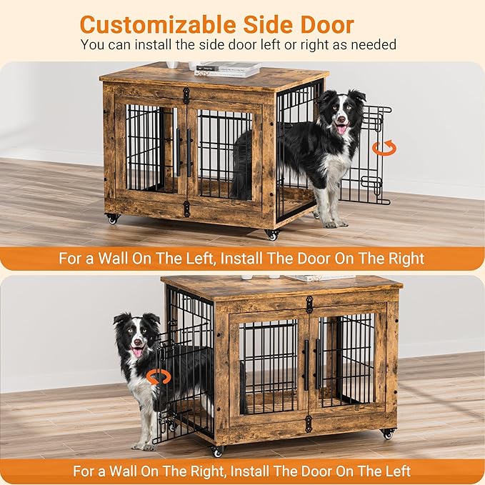 Lulive Dog Crate Furniture Set of 2, Dog Kennel Indoor Double Doors Wooden Dog Cage, 32'' Heavy Duty Dog Crate with Cushion & Wheels, End Table Pet House Chew-Resistant Up to 45 lb, Rustic Brown