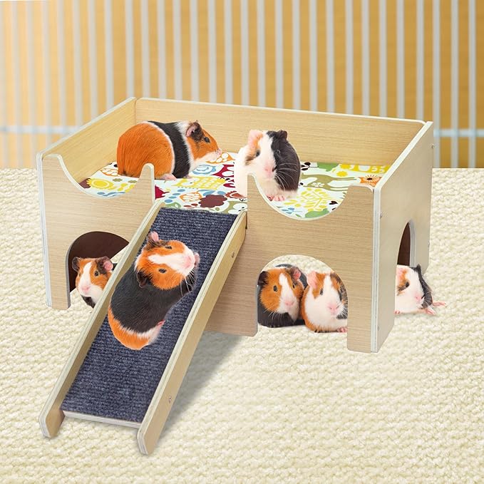 Large Guinea Pig Hideout, Sturdy Wooden Guinea Pig House, Small Animal Toys Accessories Bed Hut Habitats with Ramp and Mat, Easy to Install for Hamsters Bunny Rabbit Playing Hiding