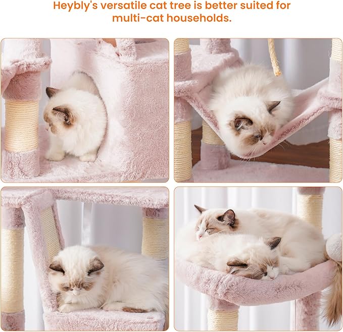 Heybly Cat Tree, 68 inch Multi-Level Cat Tower for Indoor Cats, 2 Widened Plush Perches Cat Condo with Scratching Board and Big Caves, Muchroom HCT025MU