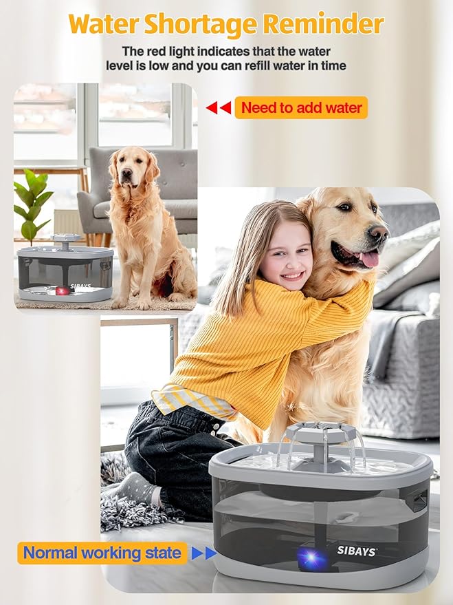 SIBAYS 2.5Gal/9.5L Dog Water Fountain for Large Dogs, 3 Flow Modes Large Pet Water Fountain for Cats, Automatic Dog Water Bowl Dispenser with 7" Filter & Smart LED Pump, Quiet, BPA-Free Material(FS68)