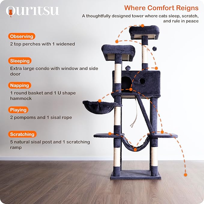 Ouritsu Cat Tree, 61 inch Tall Cat Tower for Large Cat Indoor, Enlarged Condo, 2 Padded Perches with 1 Widened, Large Hammock, Scratching Post and ramp, Fluffy Basket, Dark Gray, LF002DG