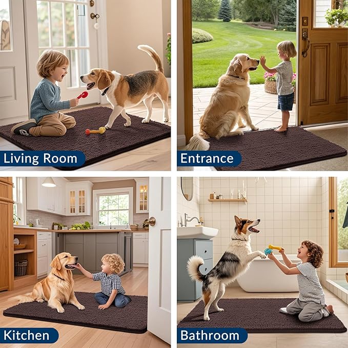 Smiry Dog Door Mat for Muddy Paws 47x24, Absorbs Moisture and Dirt Doormat, Non-Slip Washable Quick Dry Chenille Front Door Mat Indoor Entrance, Entryway Carpet for Inside Floor, Brown