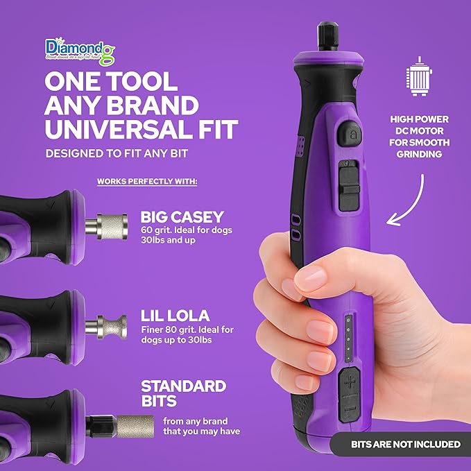 Diamondg Cordless Dog Nail Grinder with Quiet Sound & LED Tip for Large & Small Dogs, 4hrs. Runtime, 2 Bits Included, Purple
