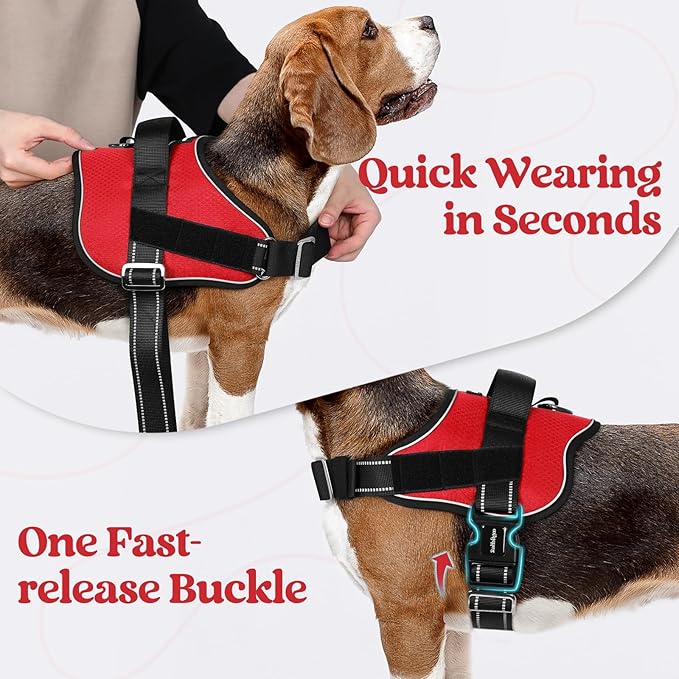 rabbitgoo Dog Harness for Large, Easy On Pet Vest with One Buckle, No Pull Adjustable Service Harness with D-Ring & Handle, Reflective for Safety Walking, Training, Red, XL