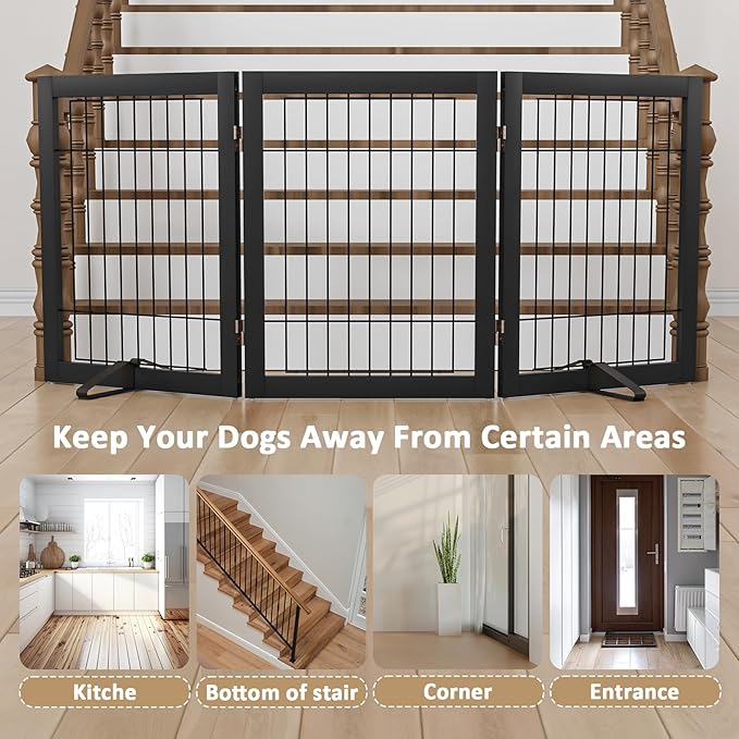 Wire Dog Gate Indoor, Dog Gates for Doorways, Stairs, 24-Inch Tall Freestanding Pet Gates for Dog, Puppy Fence (3 Panel, Black)