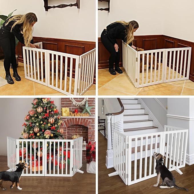 ZJSF Freestanding Indoor Dog Gate for House Foldable Wood White Puppy Gate for Doorways Pet Gate for Stairs Extra Wide Pet Fence 24" Height 4 Panels