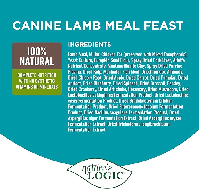 NATURE'S LOGIC Dry Dog Food - 100% Natural - No Synthetics - for All Ages, Sizes, Breeds - Free from Common Allergens, High Protein - Lamb Meal Feast, 25lbs