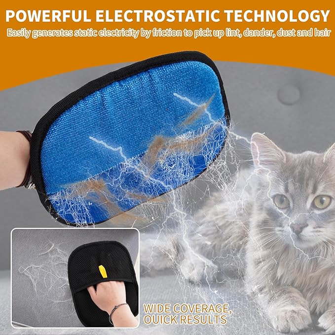 2PCS Electrostatic Pet Grooming Gloves, Reusable Hair Remover for Dog Cat Fur on Clothes Furniture Car Seat/Blue