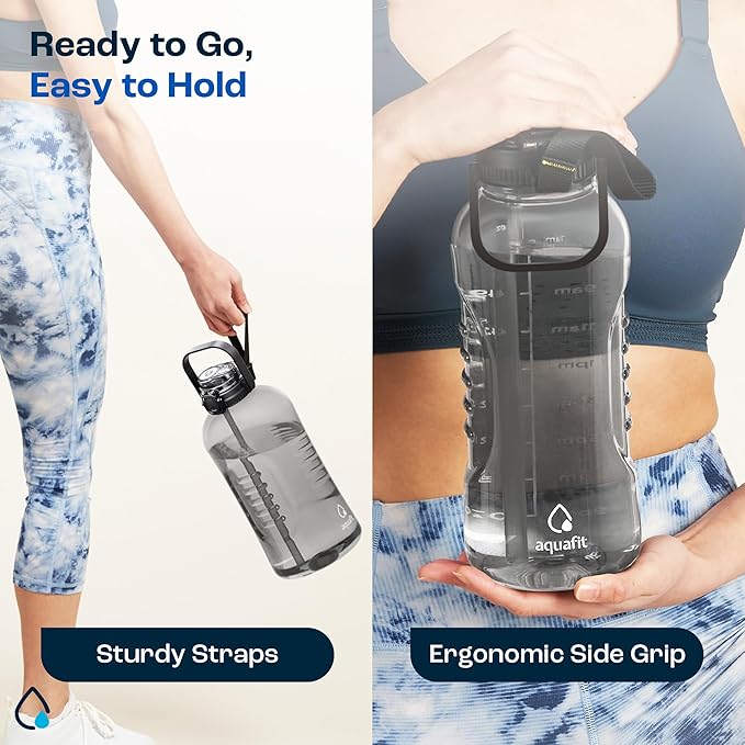 AQUAFIT 128 oz Water Bottle with Time Marker - 2in1 Straw & Chug Lid - BPA Free Big Jug with Straw - Gym Water Bottle with Strap (128 Ounces, Clarity)