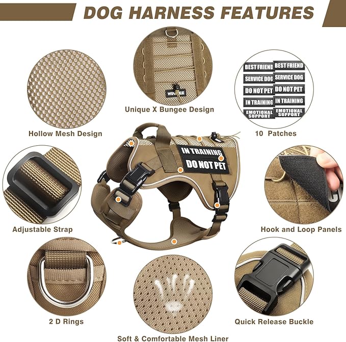 WINSEE Service Dog in Training Mesh Harness with 10 Pet Patches, Soft Air Mesh Breathable Tactical Dog Molle Vest, Reflective Military Pet Vest for Walking Hiking for Small Dogs
