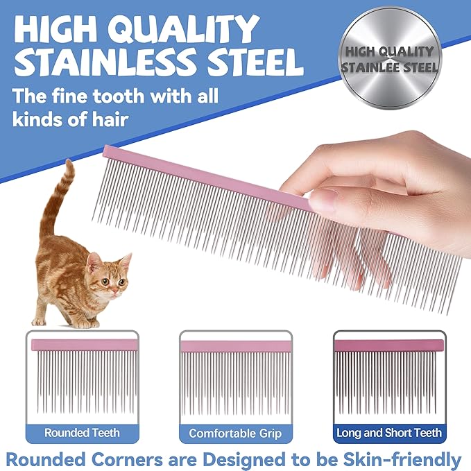 8.5 Inch Upgrade Pink Professional Pet Comb,Dual-Tooth Grooming Comb Anti-Static Smooth Rounded Corners Prevent Friction Breakage and Irritation,Long-Haired Cats and Dog Essential,Christmas Pet Gift