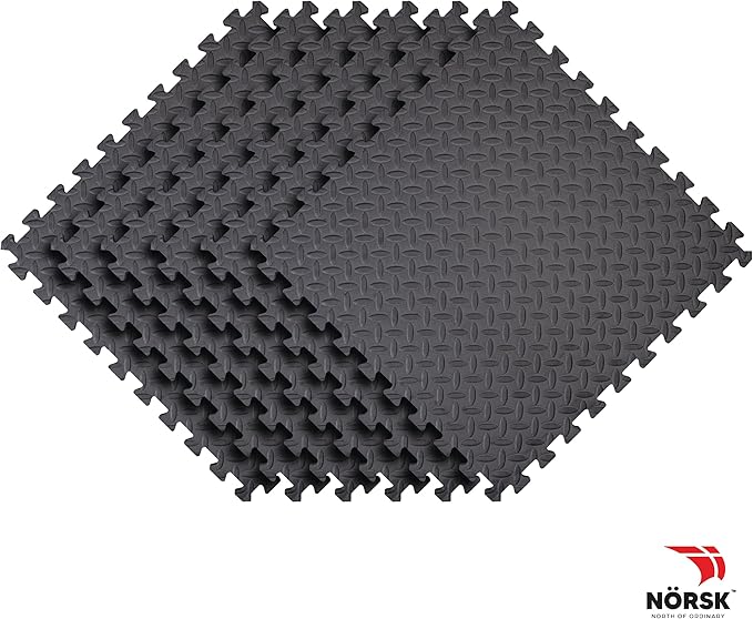 Norsk Foam Floor Gym Mats with Interlocking Tiles, .47" Thick, 24"x24", 18-Pack, 72 Square Feet, Diamond Plate Design, Grey