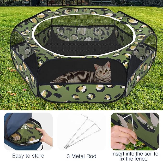 Pawaboo Small Animals Playpen, Waterproof Small Pet Cage Tent with Zippered Cover, Portable Outdoor Yard Fence with 3 Metal Rod for Chick/Kitten/Puppy/Guinea Pig/Rabbits/Hamster, Leopard Print