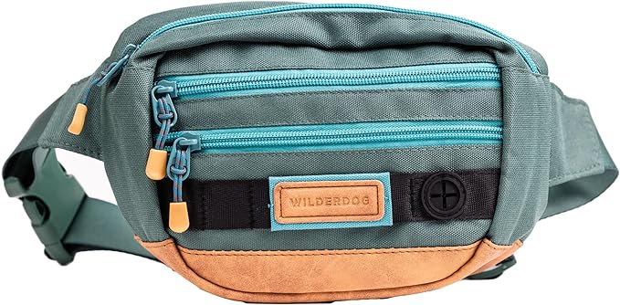 Wilderdog Utility Fanny Pack stores Treats, Balls, Keys in 3 Pockets with adjustable strap and Poop Bag dispenser (Evergreen)