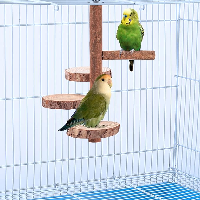 Natural Wood Bird Perch Stand Platform, Hanging Round Wooden Rotating Platform Pet Parrot Bird Cage Perches for Parakeet Parrots Cockatiel Hamster Gerbil Chinchillas(Round Platform)