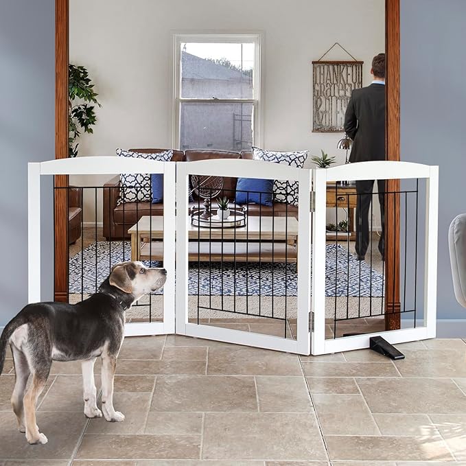 ZJSF Freestanding Dog Fence Indoor, Foldable Dog Gate for Doorways, Stairs or Hallways, Sturdy Wood Extra Wide Pet Gate with Support Feet for The House, White, 24 "Height-3 Panels