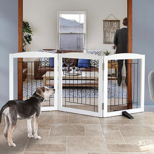 ZJSF Freestanding Dog Fence Indoor, Foldable Dog Gate for Doorways, Stairs or Hallways, Sturdy Wood Extra Wide Pet Gate with Support Feet for The House, White, 24 "Height-3 Panels
