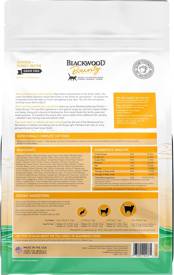 Blackwood Bounty Dry Cat Food, Chicken & Turkey Recipe for All Life Stages, 10 Pound Bag, High Protein, Grain Free