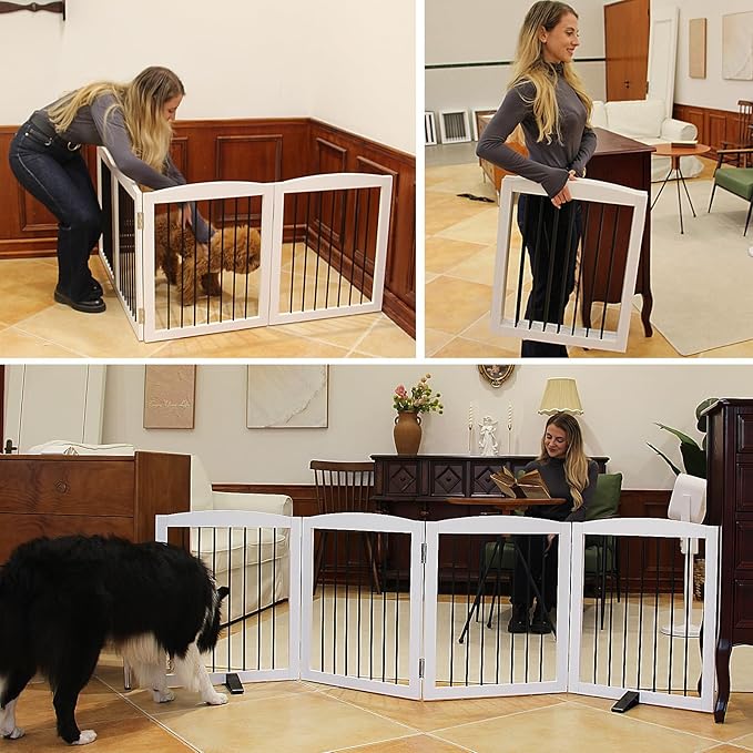 ZJSF Freestanding Panel Dog Gate for Indoor, Doorways,Stairs, or Hallways,Foldable Wooden White Pet Gates for House,Pet Gate for Dogs,Dog Fence, Puppy Gate,Support Feet Included,24 "Height-4 Panels